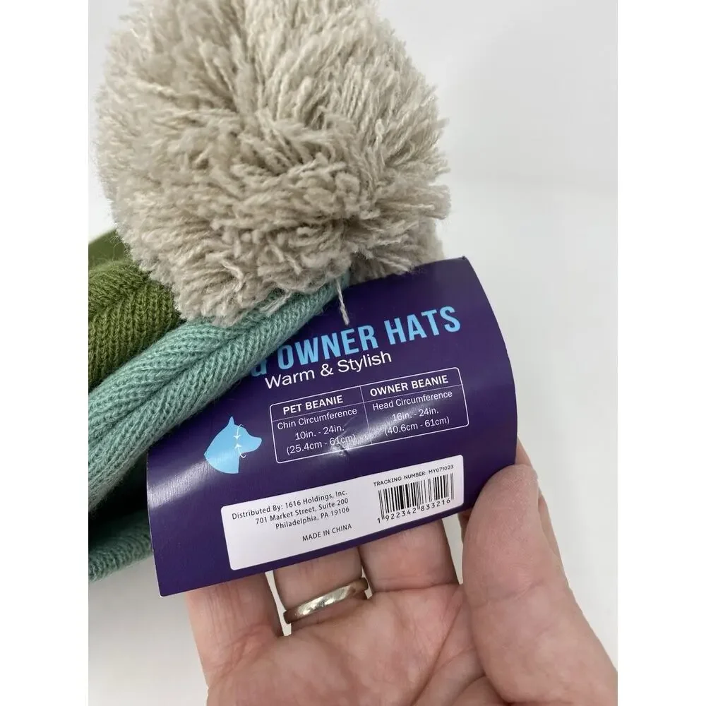 Pawsitively Fun Owner and Pet Beanie Hats Rule Maker Breaker Green Pom Pom NWT